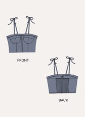 Technical sewing pattern illustrations for a sleeveless bustier top with front and back views