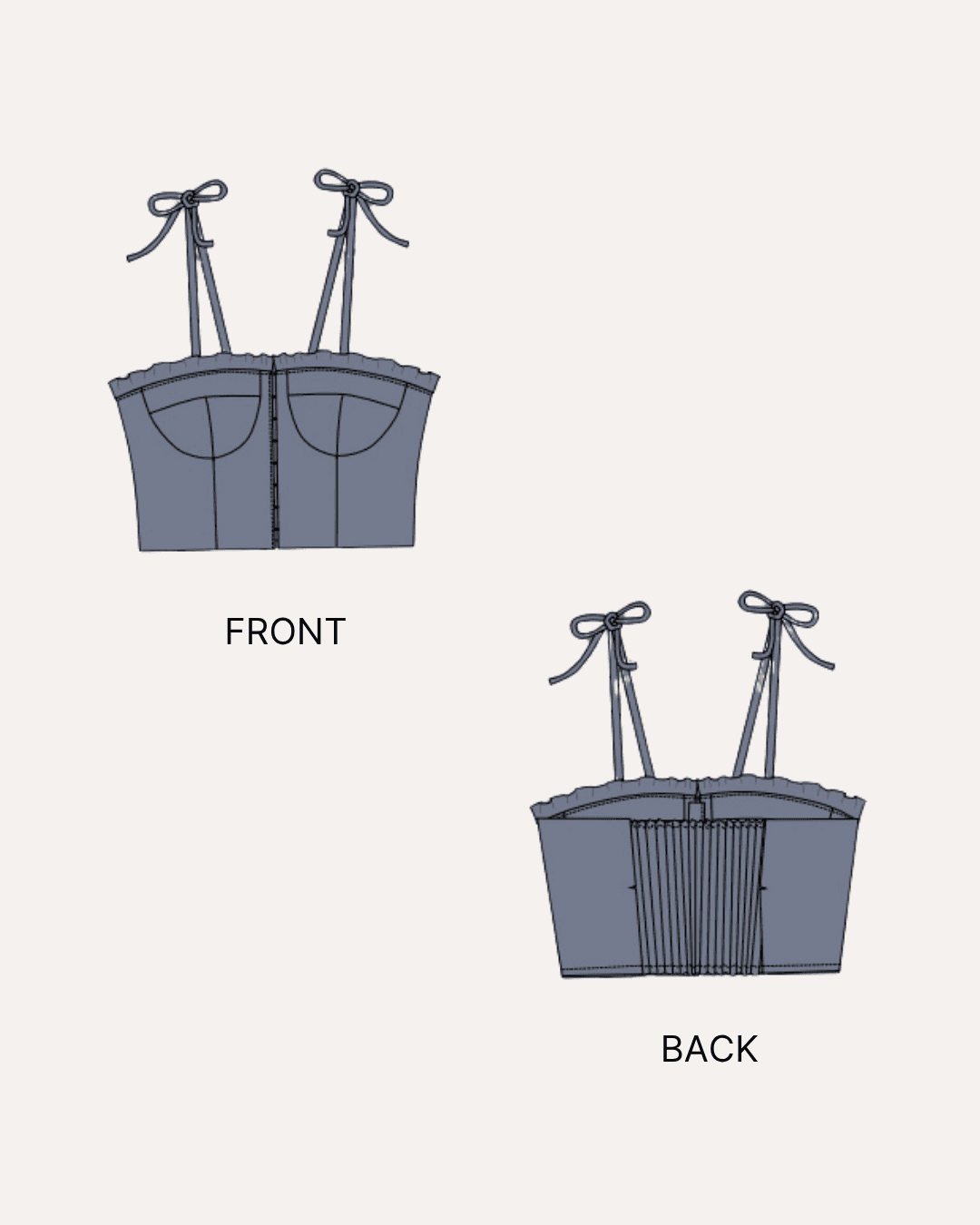 Technical sewing pattern illustrations for a sleeveless bustier top with front and back views
