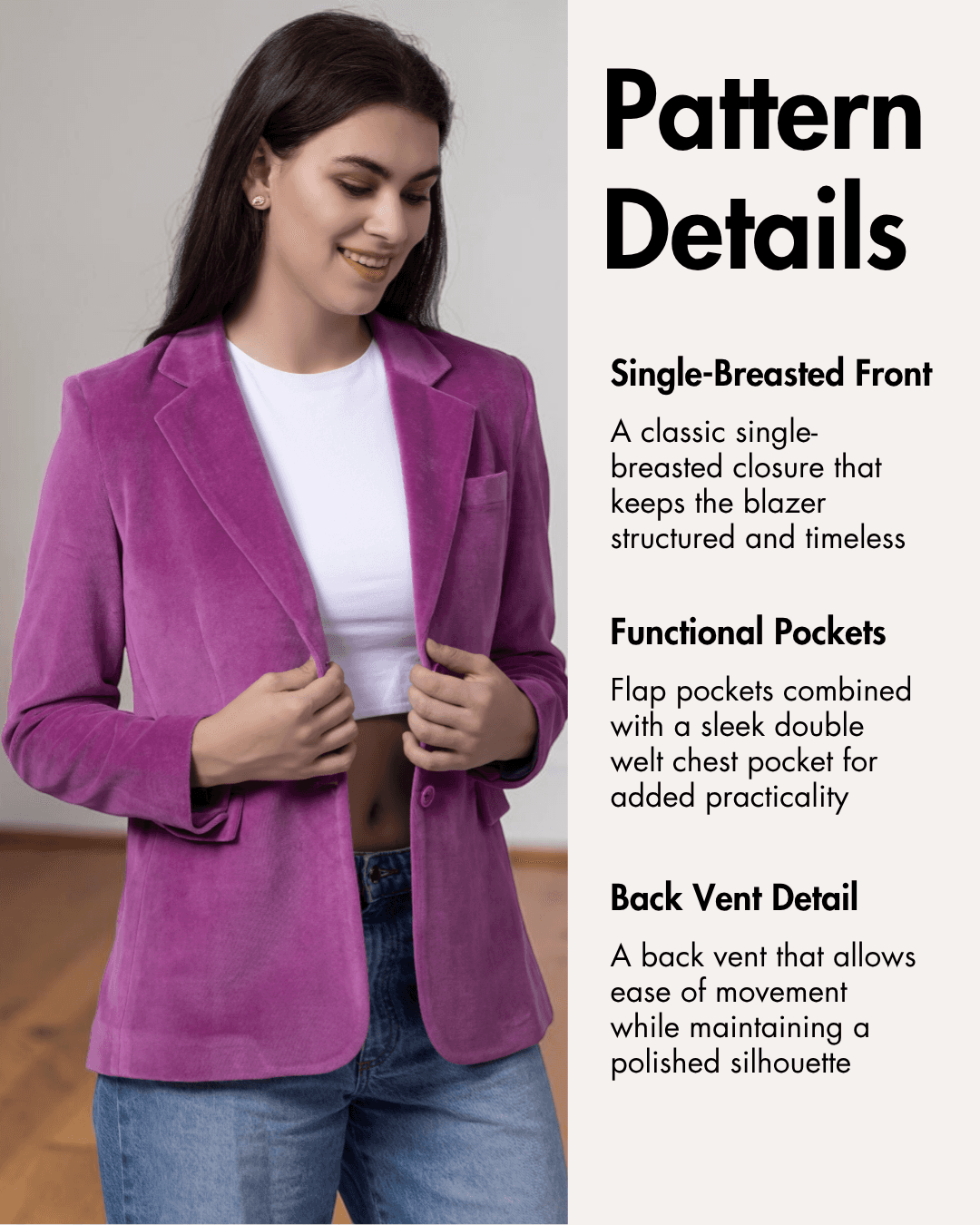 Pattern details for women's blazer 'Monroe' with single-breasted front, flap pockets, and back vent