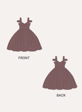 Doll dress sewing pattern front view and back view technical illustrations