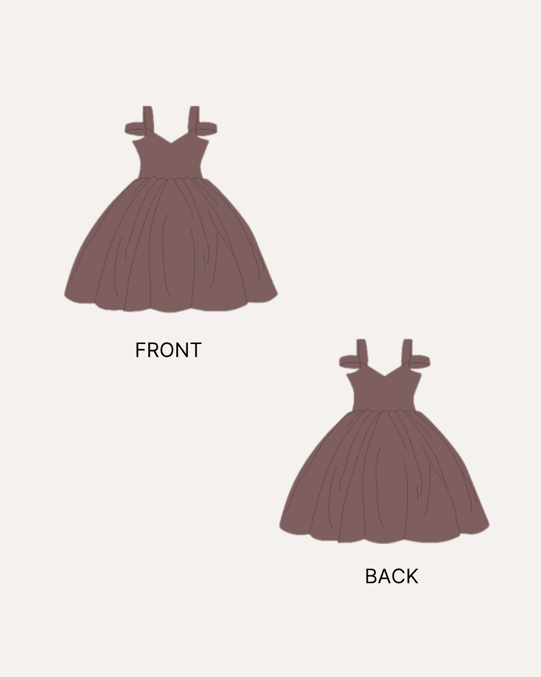 Doll dress sewing pattern front view and back view technical illustrations