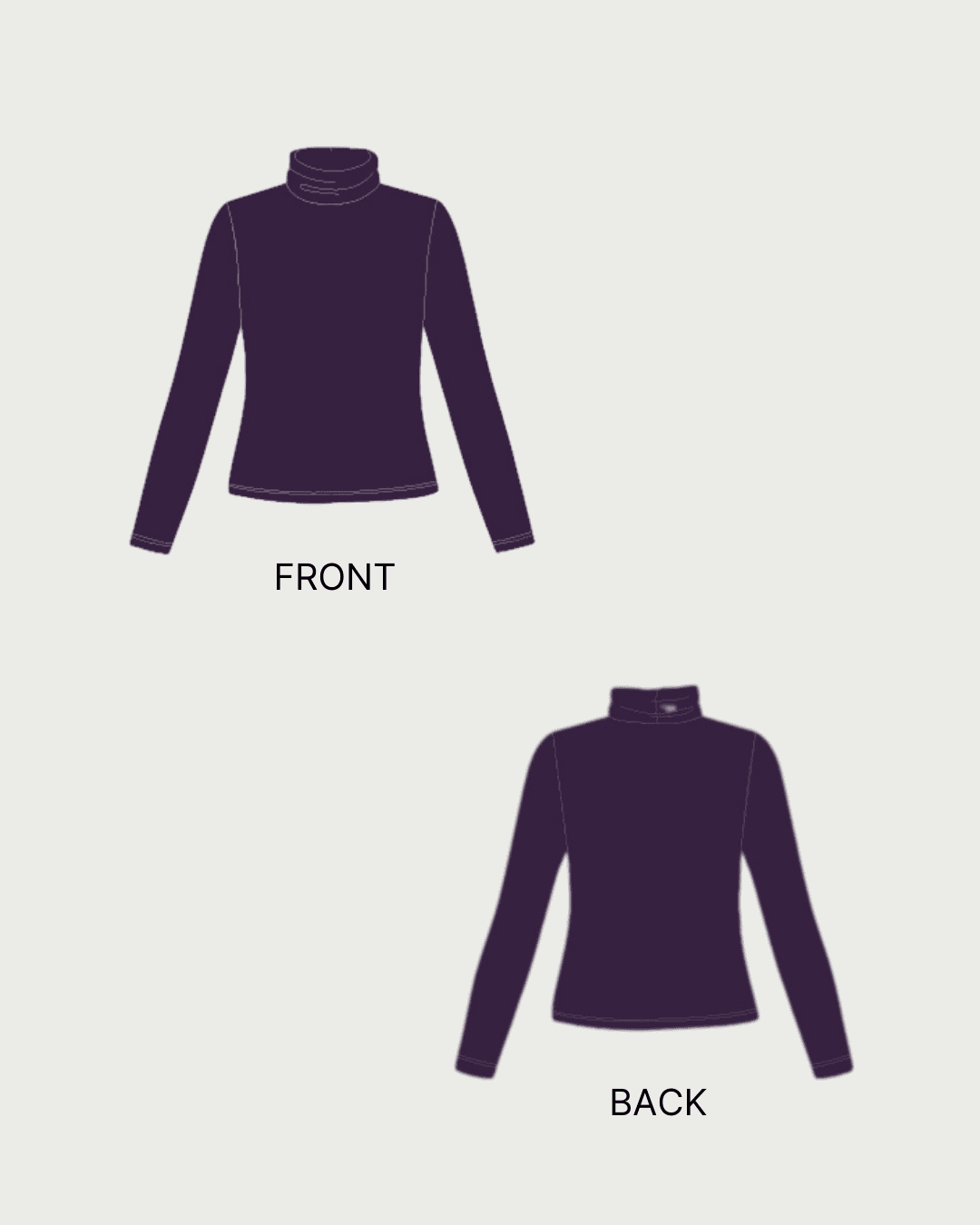Front and back technical illustrations of the Diana turtleneck long sleeve women's tshirt sewing pattern for knit fabrics.