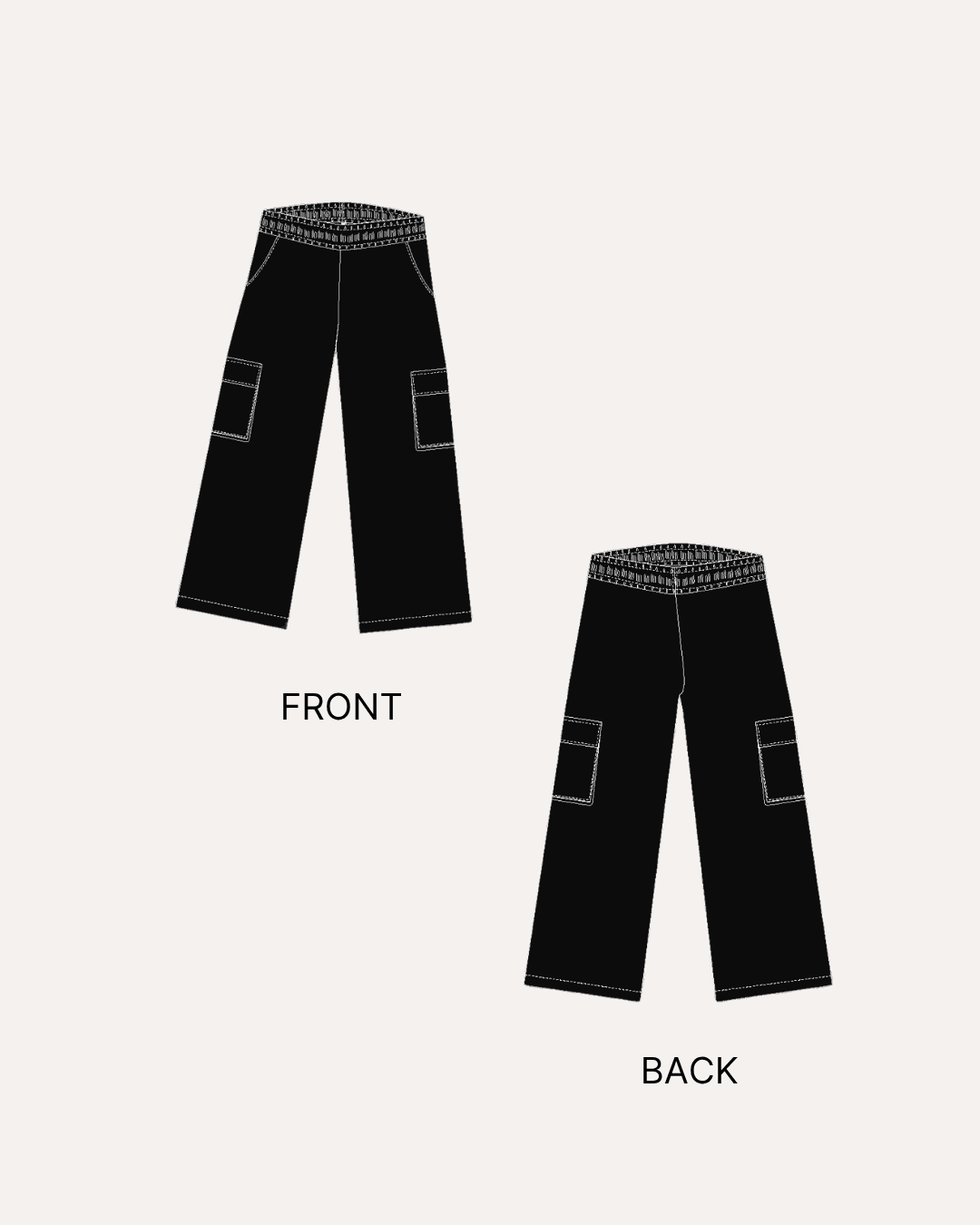 Black cargo sweatpants sewing pattern front and back views with detailed illustration