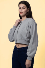 Handmade bomber jacket from the 'Raya' sewing pattern, designed with discreet pockets, ribbed cuffs, and a structured fit.