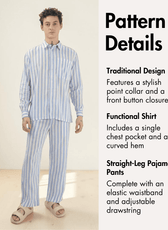 Men's pajama top and pants in blue and white striped fabric, front view with pattern details