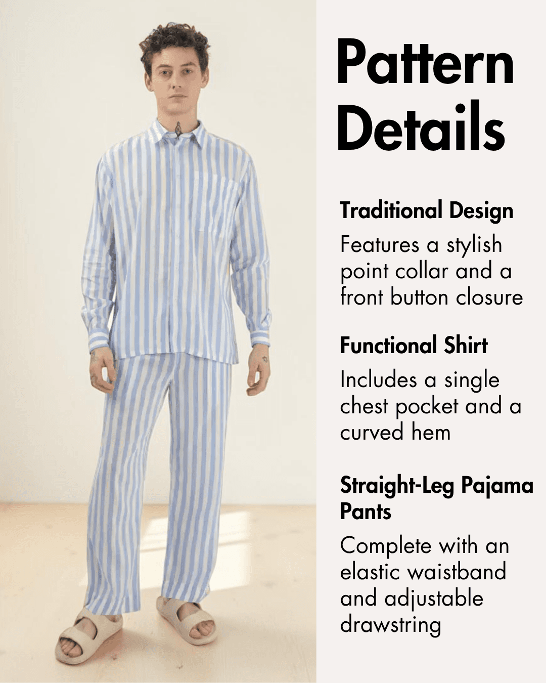 Men's pajama top and pants in blue and white striped fabric, front view with pattern details