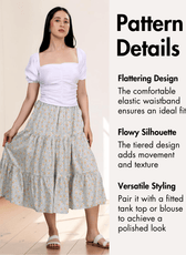 Pattern details for tiered midi skirt sewing pattern with flattering design and versatile styling