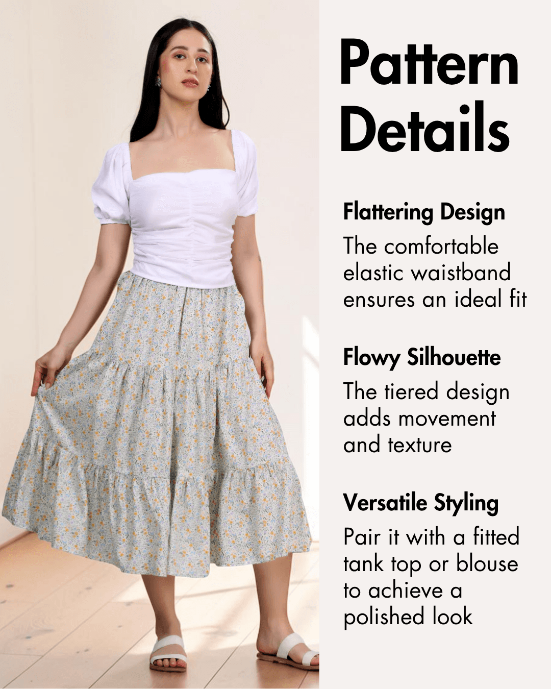 Pattern details for tiered midi skirt sewing pattern with flattering design and versatile styling