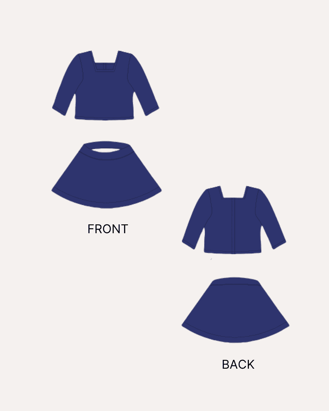 Doll sewing pattern set with top and flared skirt for Crissy dolls