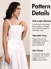 Pattern details for Fiona sundress with midi length silhouette, adjustable straps, side pockets, and back zipper