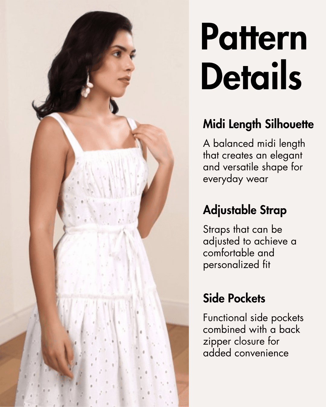 Pattern details for Fiona sundress with midi length silhouette, adjustable straps, side pockets, and back zipper
