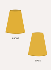 A line skirt sewing pattern front and back views illustrations in mustard color
