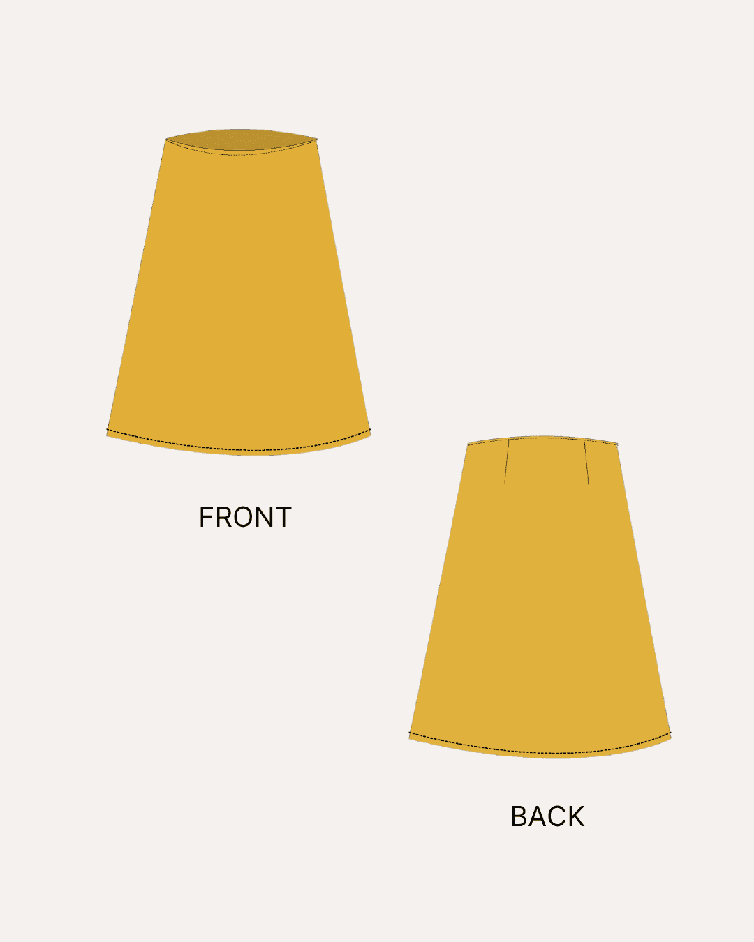 A line skirt sewing pattern front and back views illustrations in mustard color