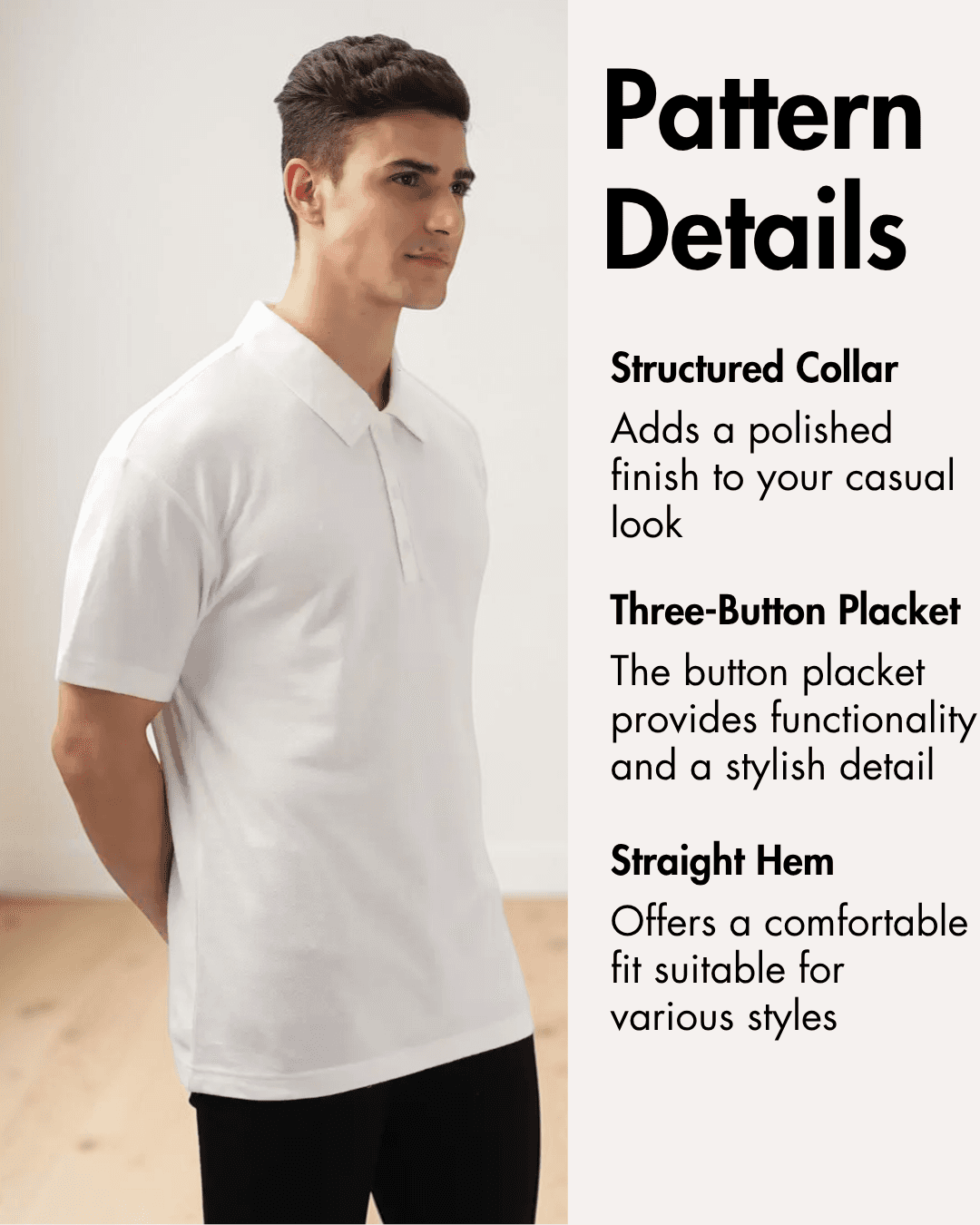 Close-up of structured collar on men's polo shirt, polished finish, sewing pattern details
