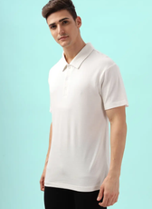 Front angled view of a men's polo shirt made with the 'John' sewing pattern. Designed for comfort and style with a buttoned placket and structured collar.