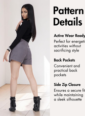 Pattern details for active wear skort with back pockets and side zip
