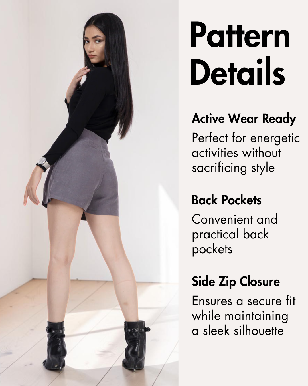 Pattern details for active wear skort with back pockets and side zip