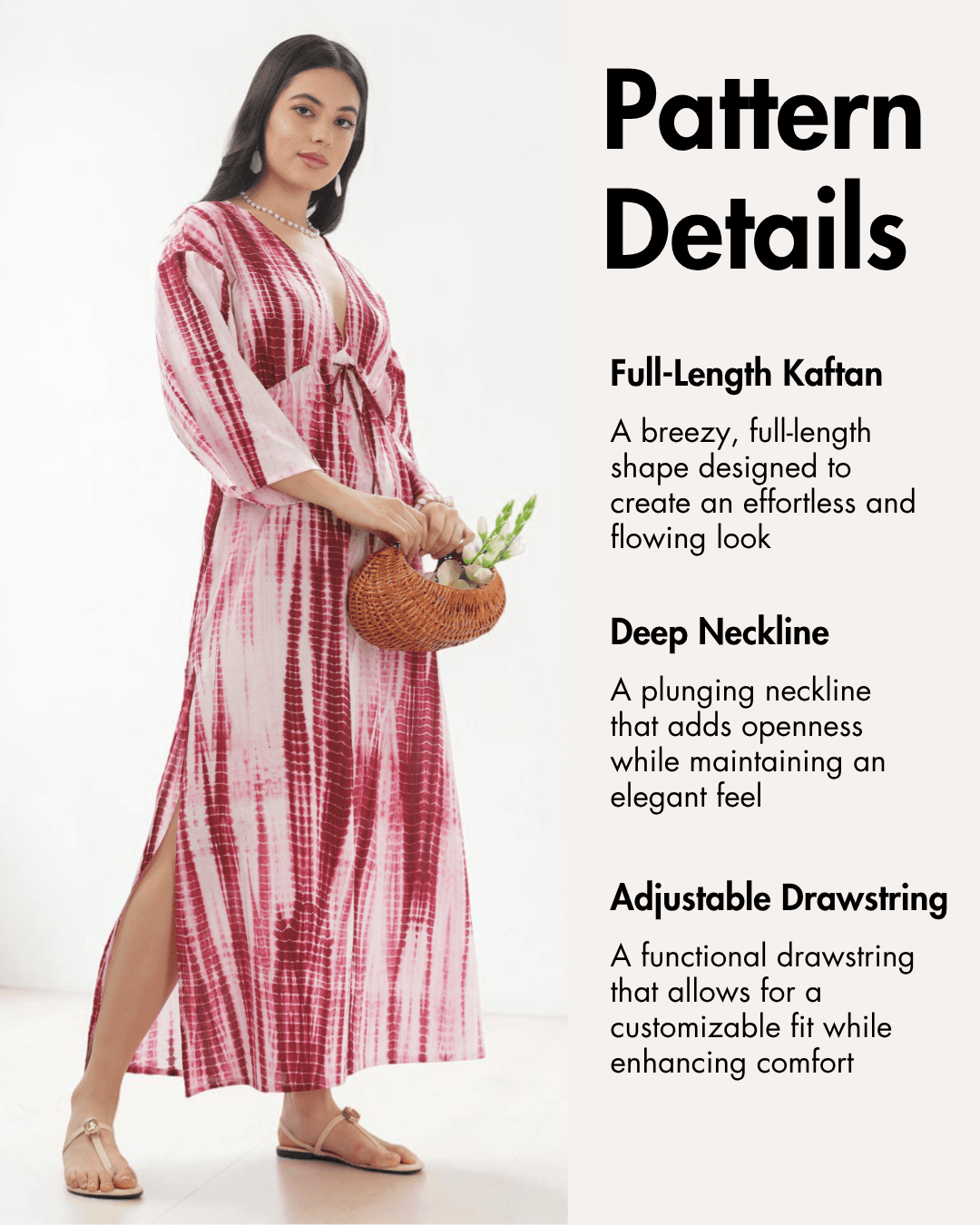 Pattern details of pink and red tie-dye kaftan dress with full-length, breezy style