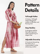 Pattern details of pink and red tie-dye kaftan dress with full-length, breezy style