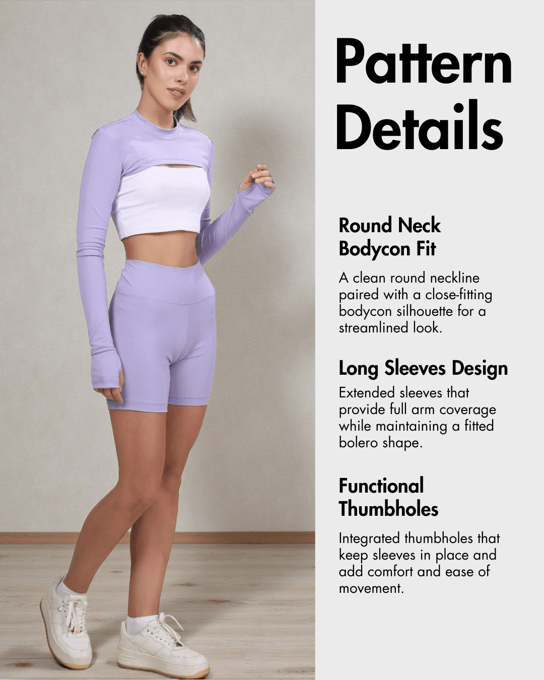 Detailed view of Sookie bolero shrug sewing pattern with round neck, long sleeves, and thumbholes, perfect for fitted outerwear sewing.