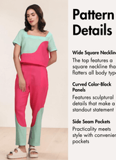Pattern details for 'Mary' women's coord set with wide square neckline and sculptural color-block panels