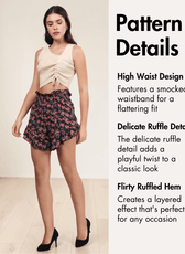 Pattern details of high waist, ruffle hem, smocked waistband shorts