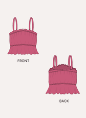 Pink ruffle top sewing pattern front and back views