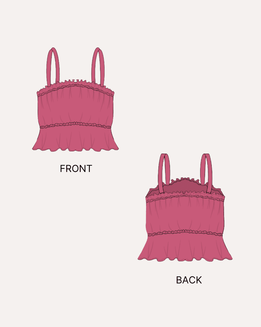 Pink ruffle top sewing pattern front and back views