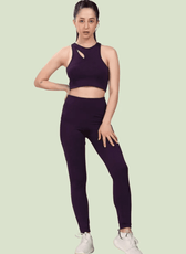Front view of Layla cutout sports bra paired with matching leggings. The digital sewing pattern is available for various sizes with easy-to-follow instructions.