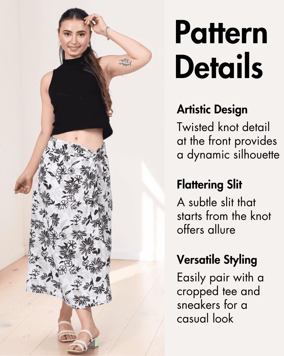 Black and white floral pattern fabric for sewing skirt sewing pattern details