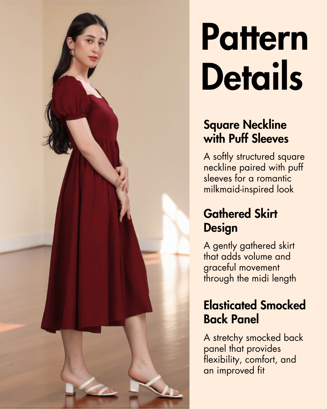 Pattern details for square neckline with puff sleeves dress