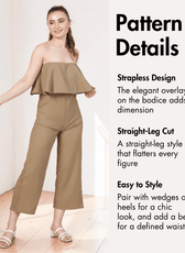 Pattern details of beige strapless jumpsuit with overlay and straight-leg cut