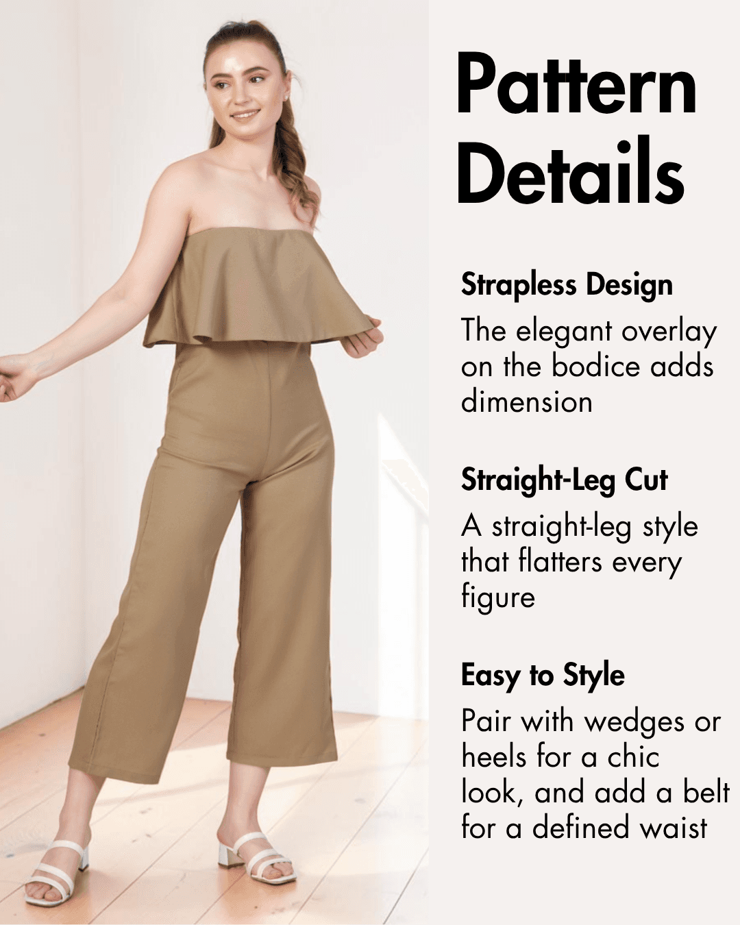 Pattern details of beige strapless jumpsuit with overlay and straight-leg cut