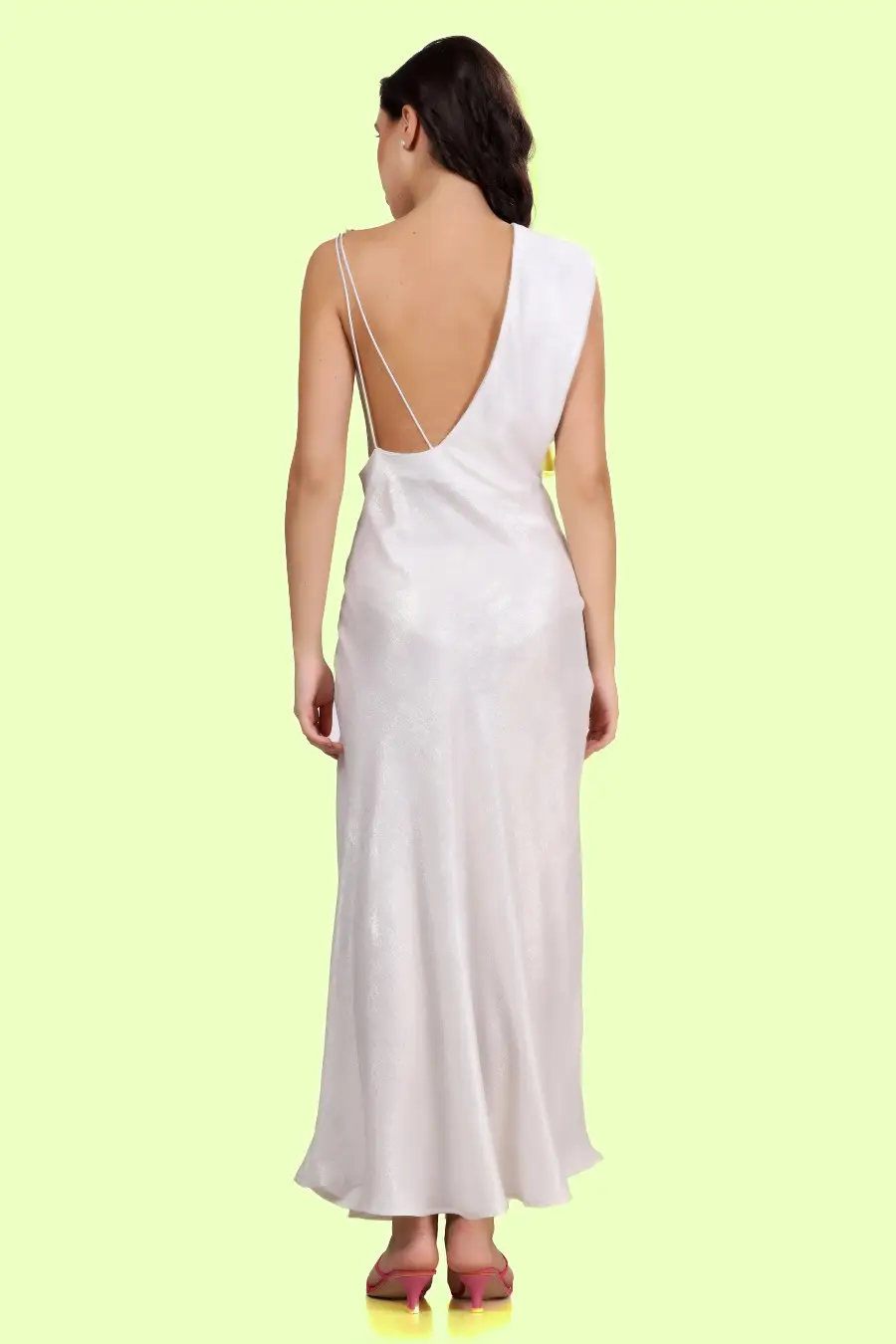 Model showing elegant backless design of the cowl neck gown sewed with winslet's pattern