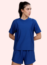 Close-up of the 'Maria' activewear coord set, showcasing the relaxed fit T-shirt with raglan sleeves and lightweight shorts. Designed for comfort and movement.