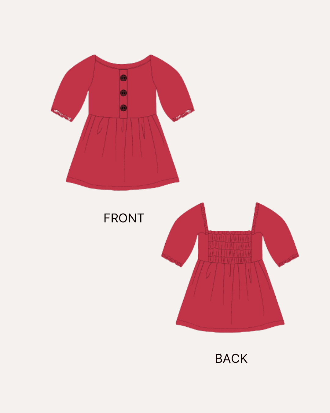 Dress sewing pattern for dolls Millie with front and back views, long puff sleeves, button closure, and gathered skirt - technical illustrations