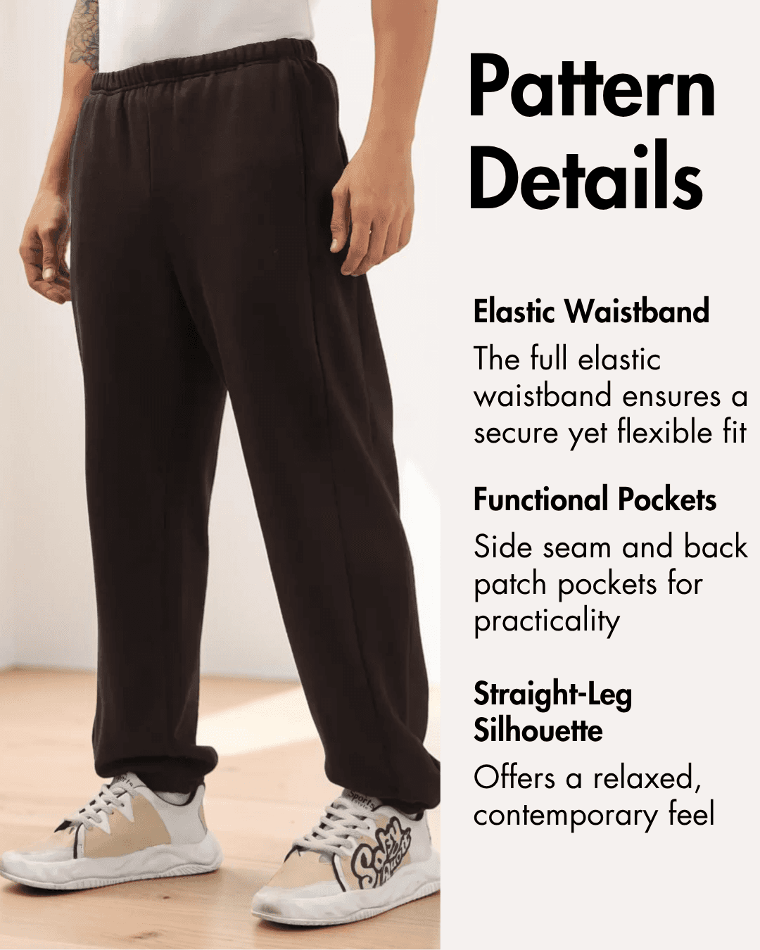 Pattern details for men's joggers with elastic waistband, functional pockets, and relaxed fit