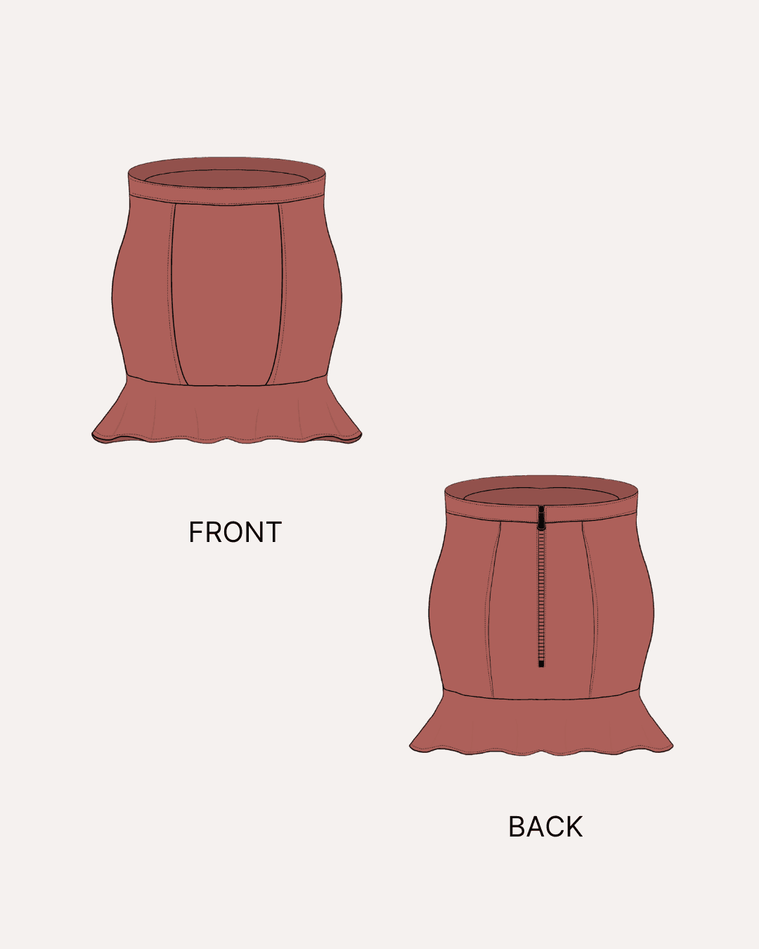 Front and back view of the Circle Skirt Sewing Pattern 'Buttercup' with ruffle hem