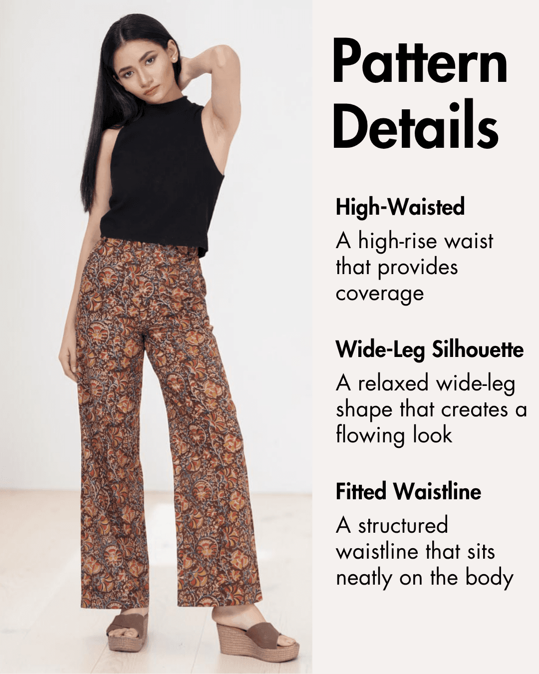 Women's wide leg pants with functional pockets and high waist in floral print Pattern Details