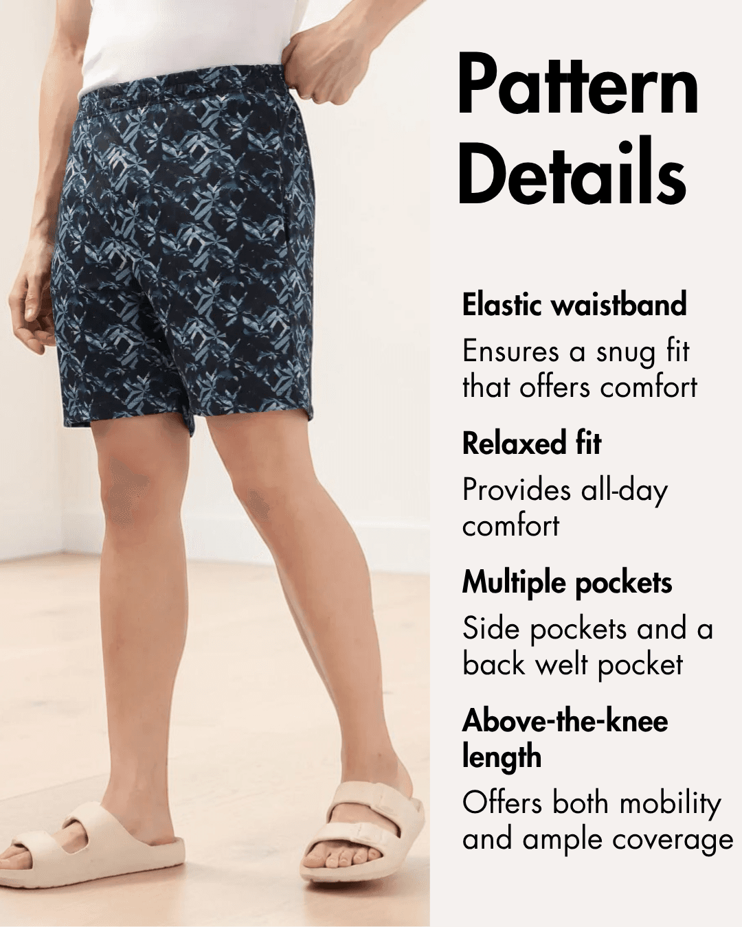 Pattern details for men's swim shorts 'Luca' sewing pattern with elastic waistband, side pockets, and above-the-knee length