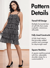 Pattern details of layered horizontal frills creating playful silhouette for sewing dress