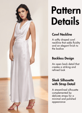 Elegant white sleeveless gown with cowl neckline and backless design