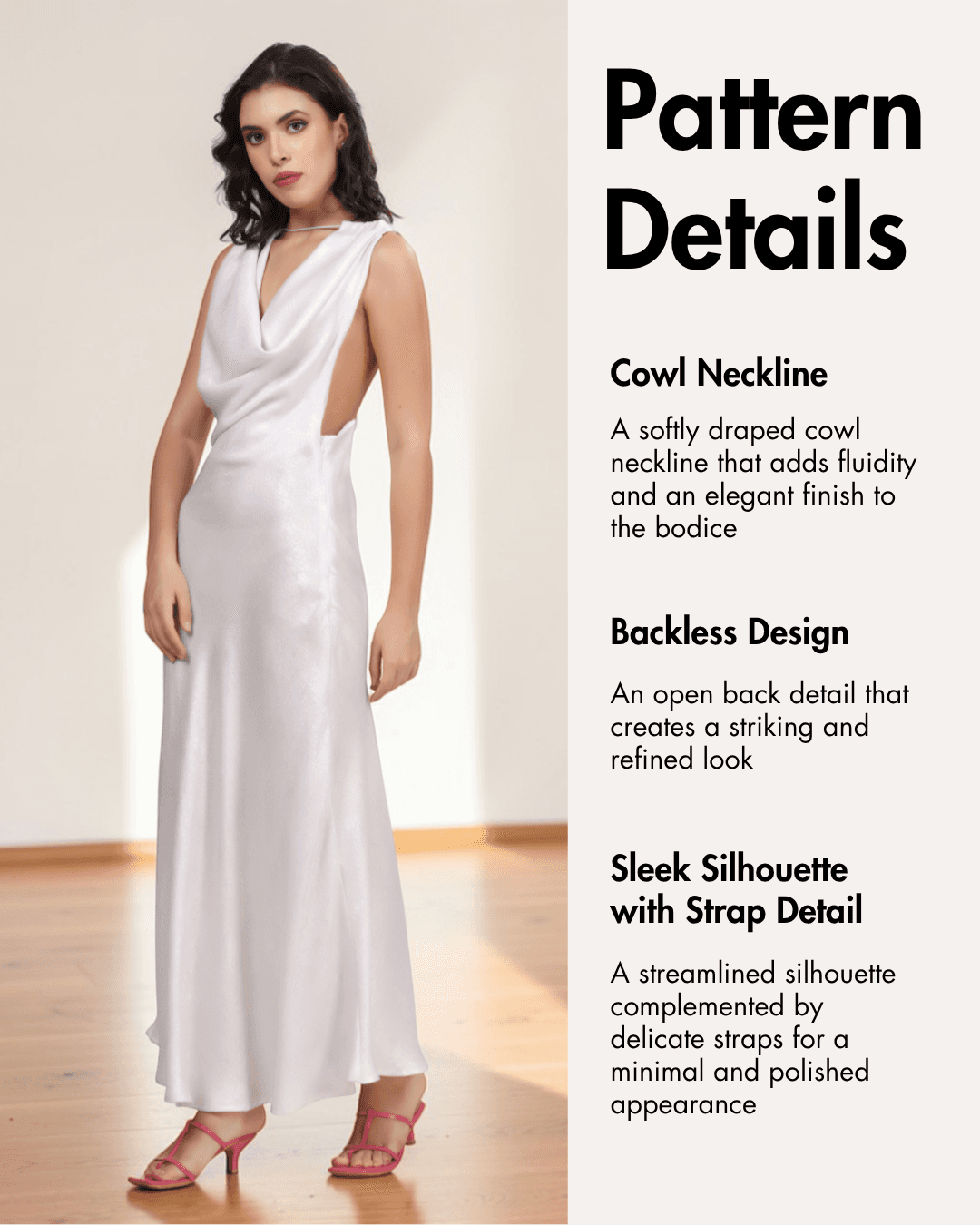 Elegant white sleeveless gown with cowl neckline and backless design