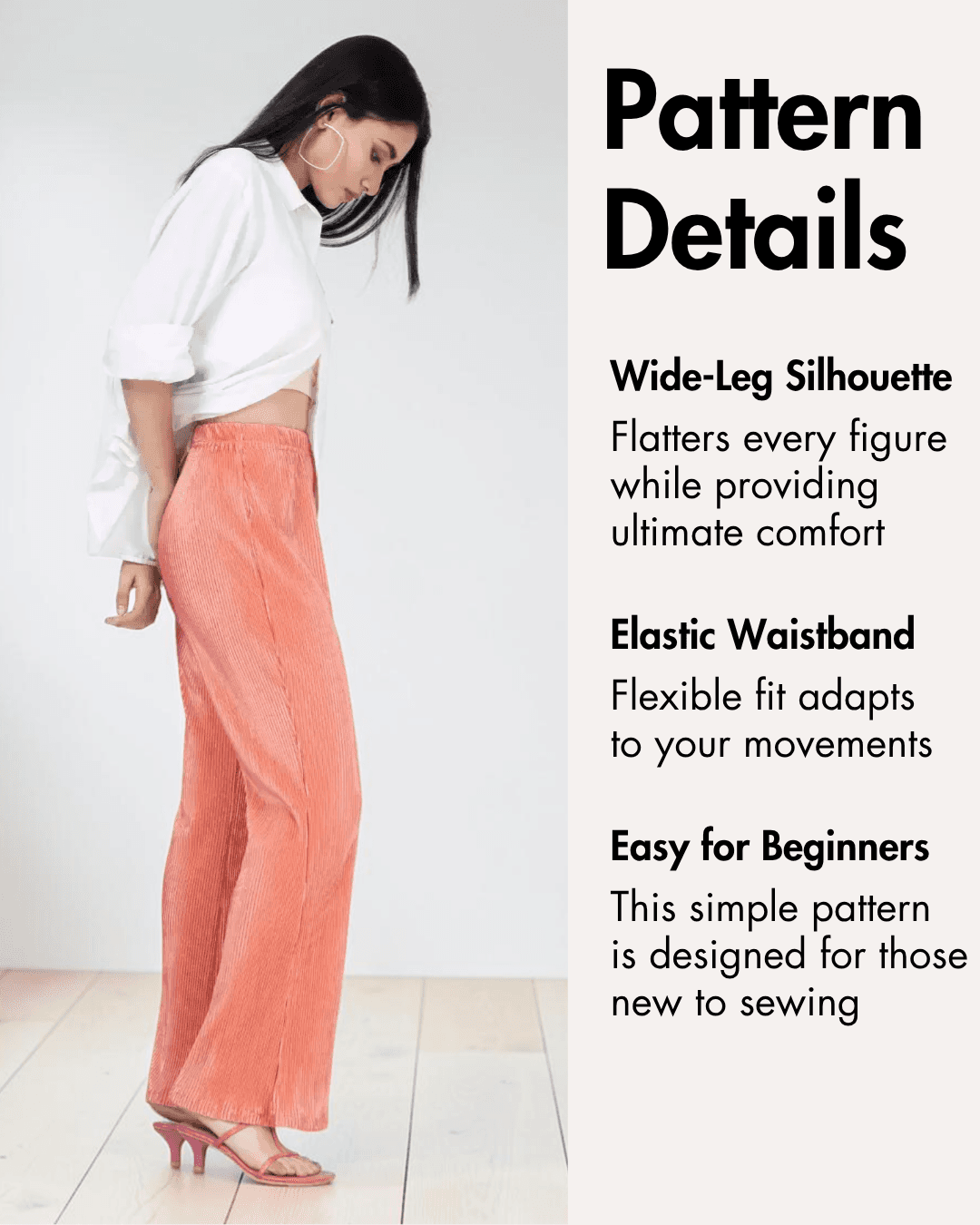 Pattern details of Women's flared pants sewing pattern 'Brook' with high waist and elastic waistband