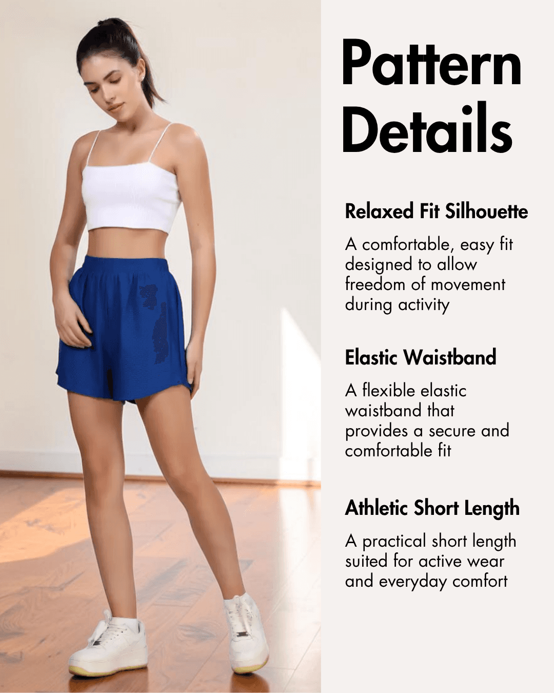 Pattern details for relaxed fit silhouette with elastic waistband and athletic length