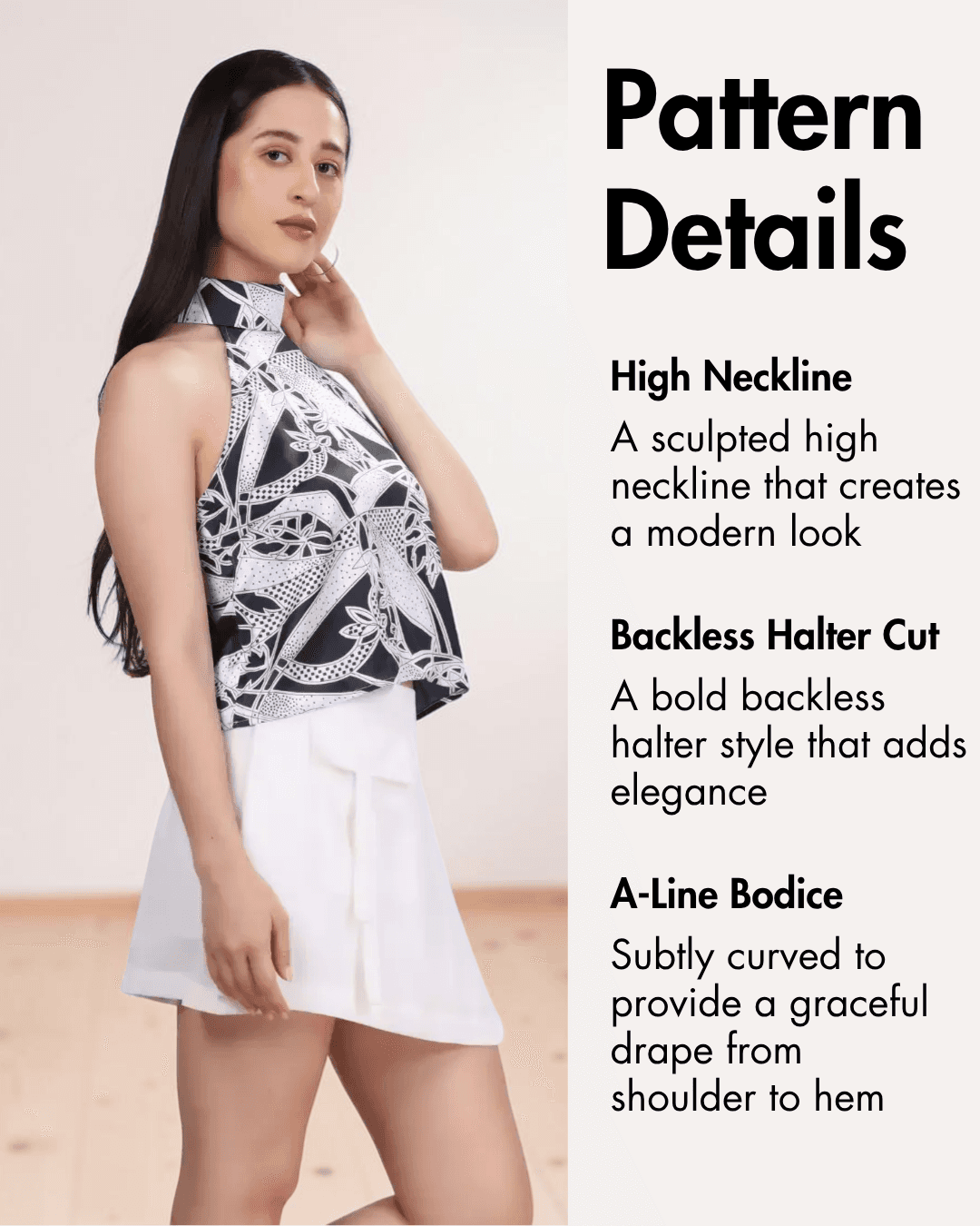 Pattern Details of halter top pattern details with high neckline and backless style