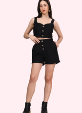 Front view of the 'Harper' coord set, showcasing a fitted crop top with button closure and tailored high-waisted shorts. Ideal for sewing projects.
