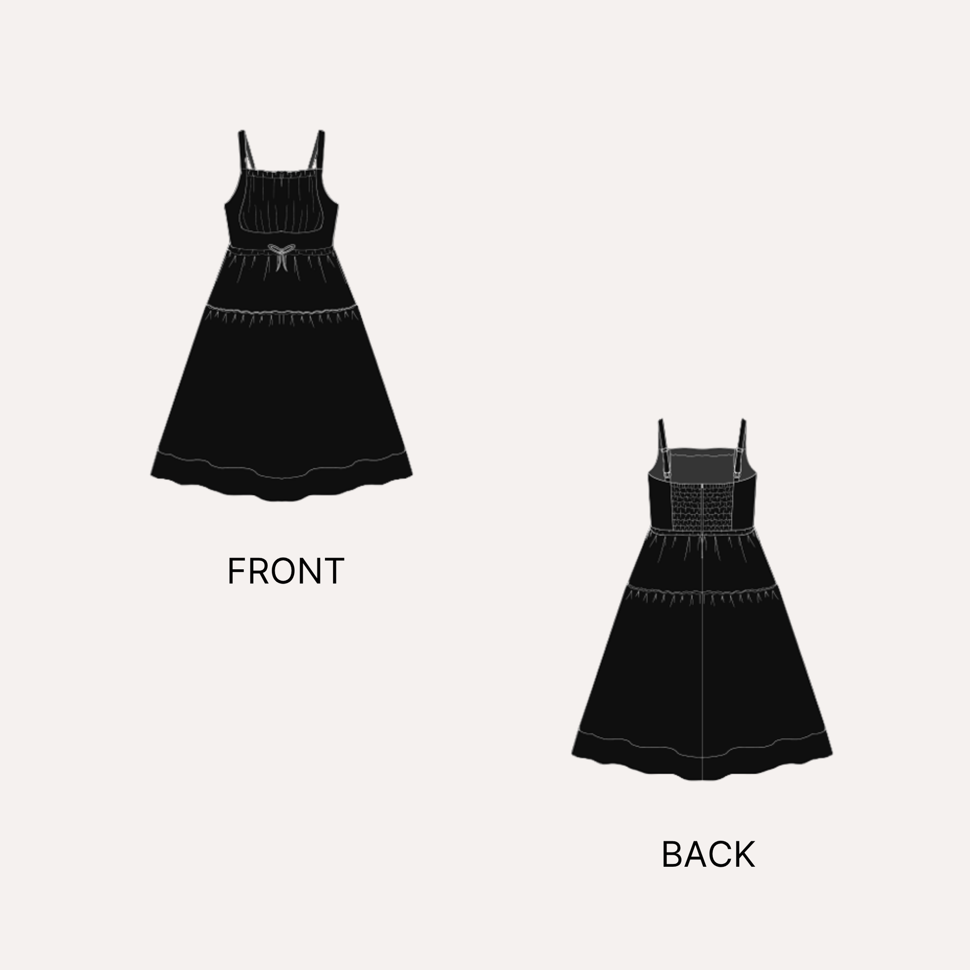 Illustration of front and back views of the 'Fiona' sundress pattern