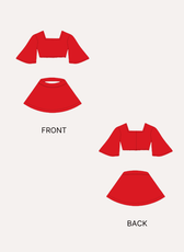 Red doll crop top and flared skirt sewing pattern technical illustrations