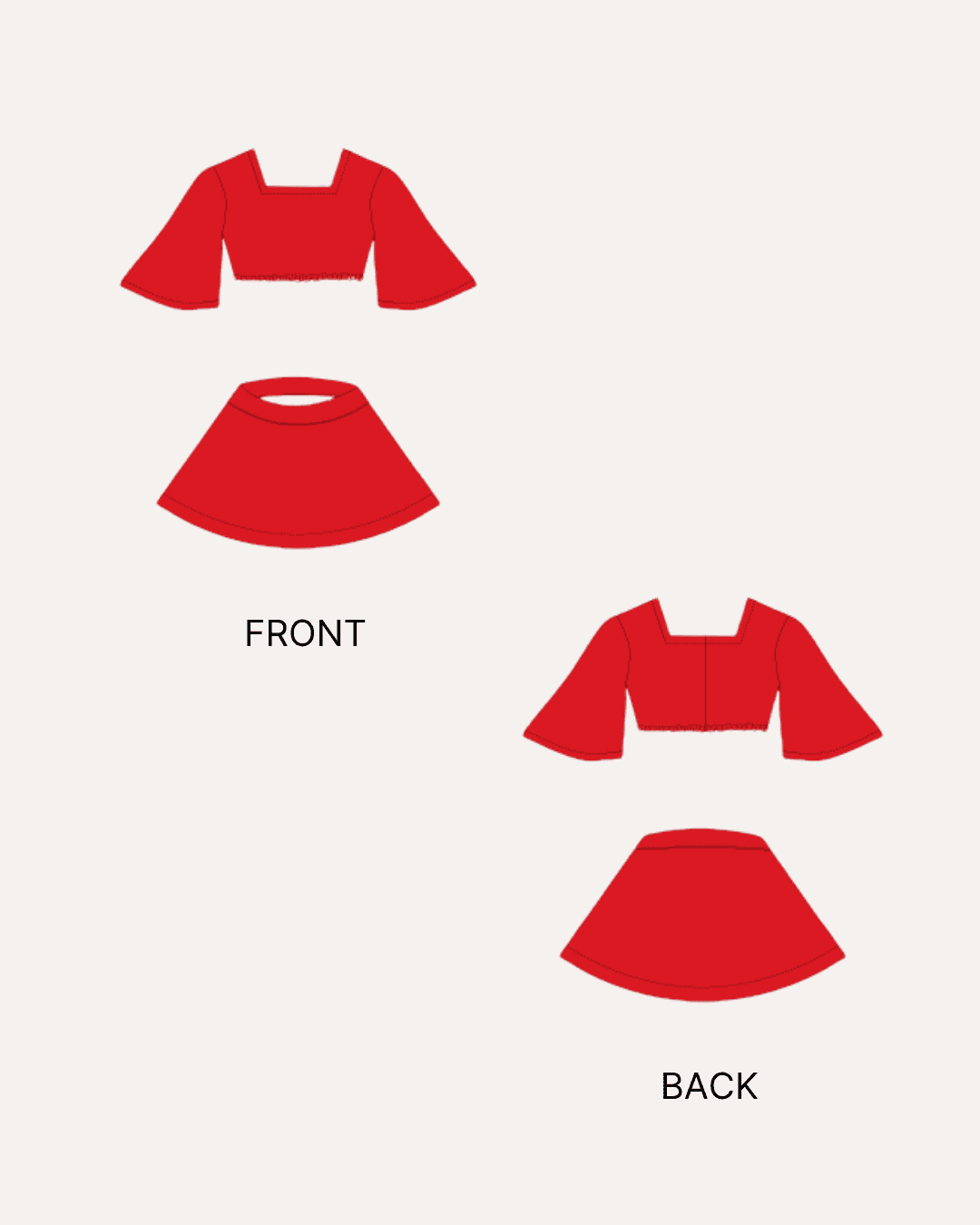 Red doll crop top and flared skirt sewing pattern technical illustrations